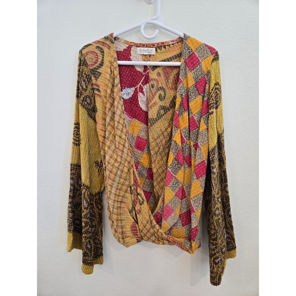 Kantha Bae Blouse Free Size Patchwork Kantha Stitch Wrap Top Boho Flare Sleeve